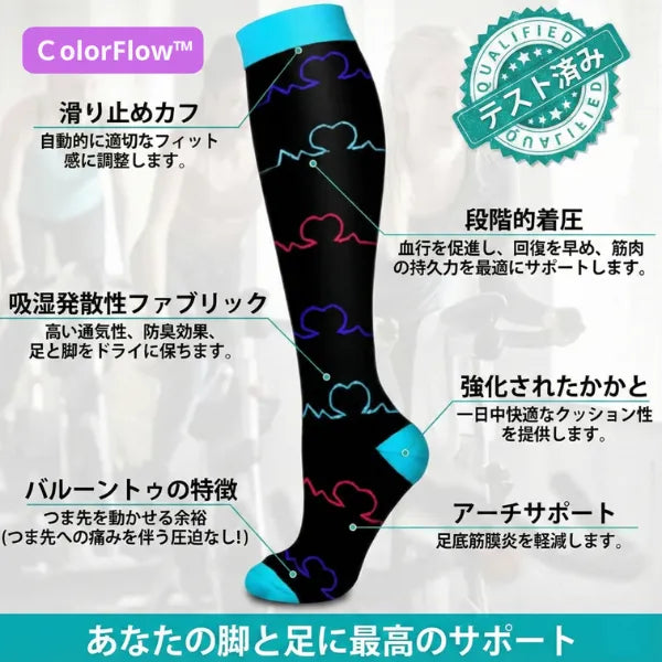 ColorFlow™ カラフル着圧ソックス(むくみ防止・やさしい着圧)3足セット