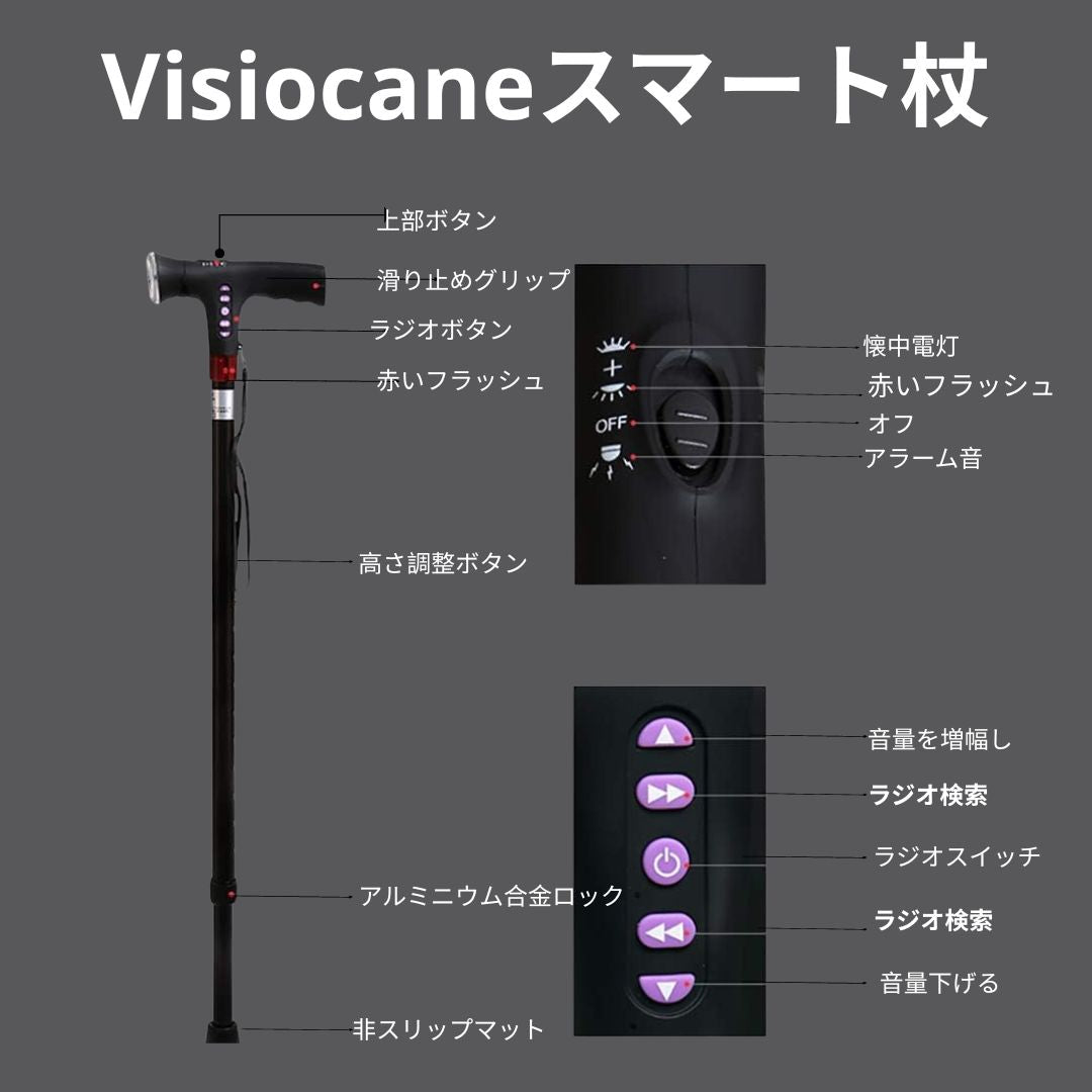 VisioCane 老人用折りたたみ式スマートLEDライトとSOSアラーム付き杖